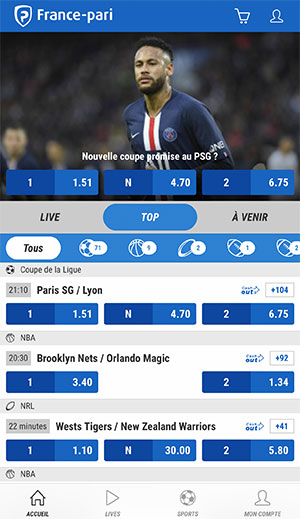 Application de paris sportifs France Pari, écran d'accueil - Follow Win Betting