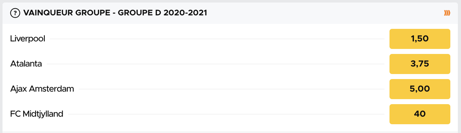 Cotes pour le vainqueur du groupe D de la Ligue des Champions 2020-2021