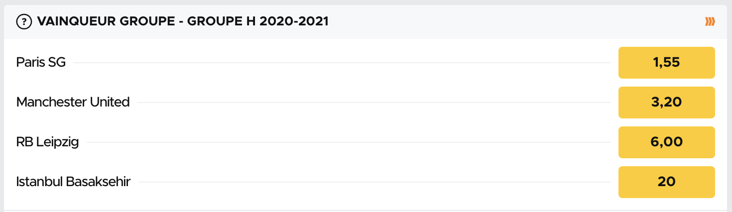 Cotes pour le vainqueur du groupe H de la Ligue des Champions 2020-2021