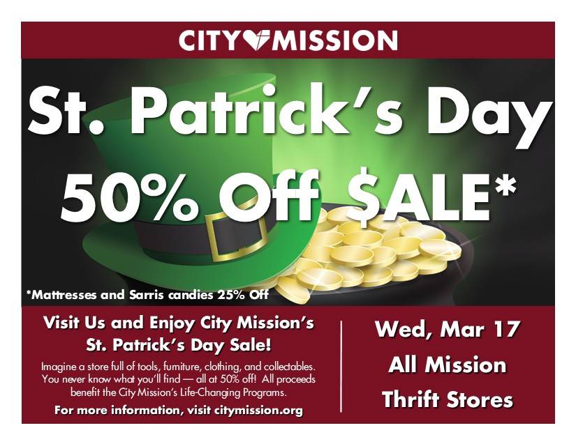 St. Patrick's Day Sale - All City Mission Thrift Stores; 50% Off; Tuesday March 17th