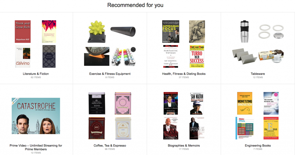 A display of items of amazon.com in Amazon's recommended for you section.