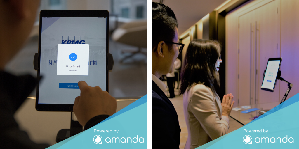 Two frame image showing someone using Amanda AI on an iPad indicating their ID was confirmed by facial recognition and the second frame is a person excitedly using Amanda AI