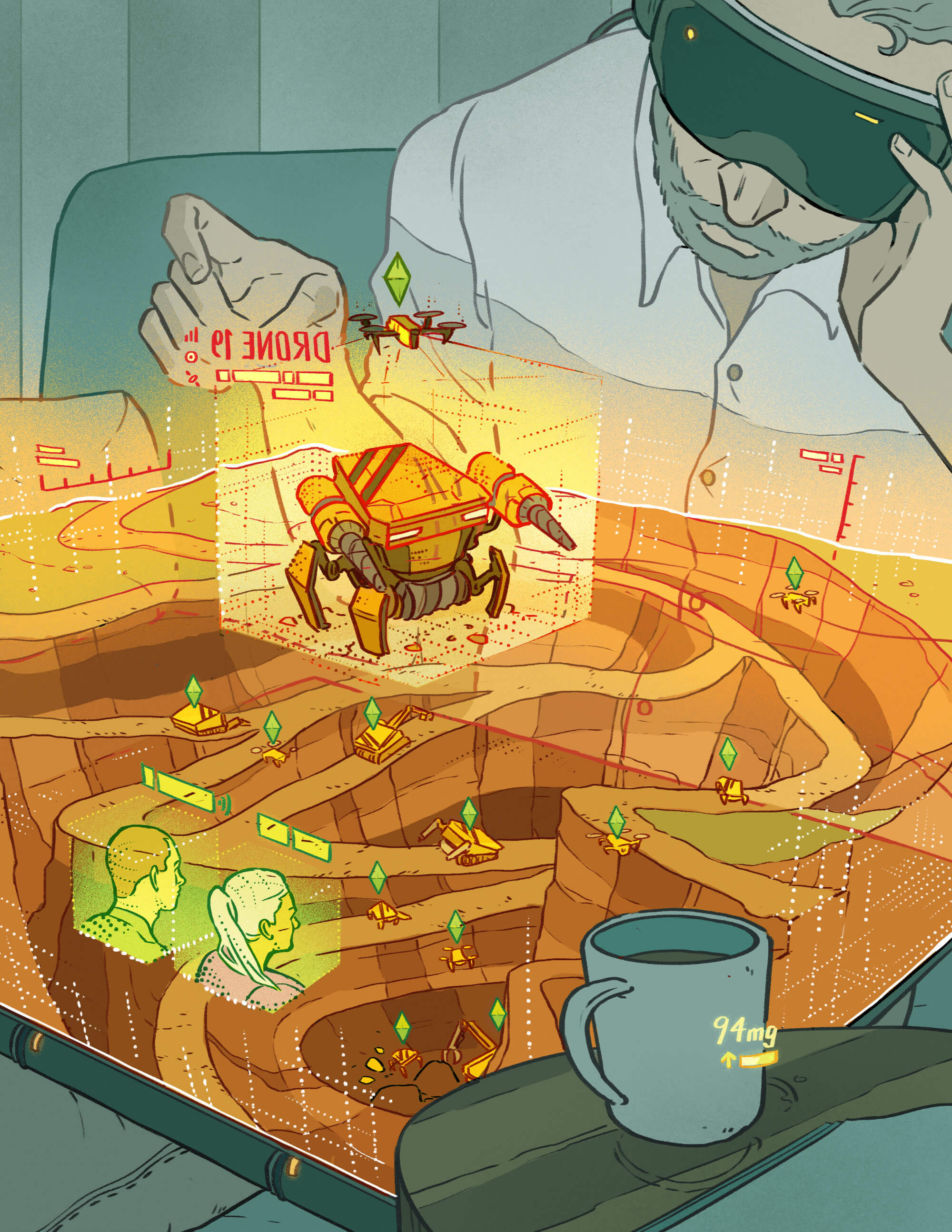 An illustration of a bored man wearing an AR headset, interacting with virtual remote mining equipment.