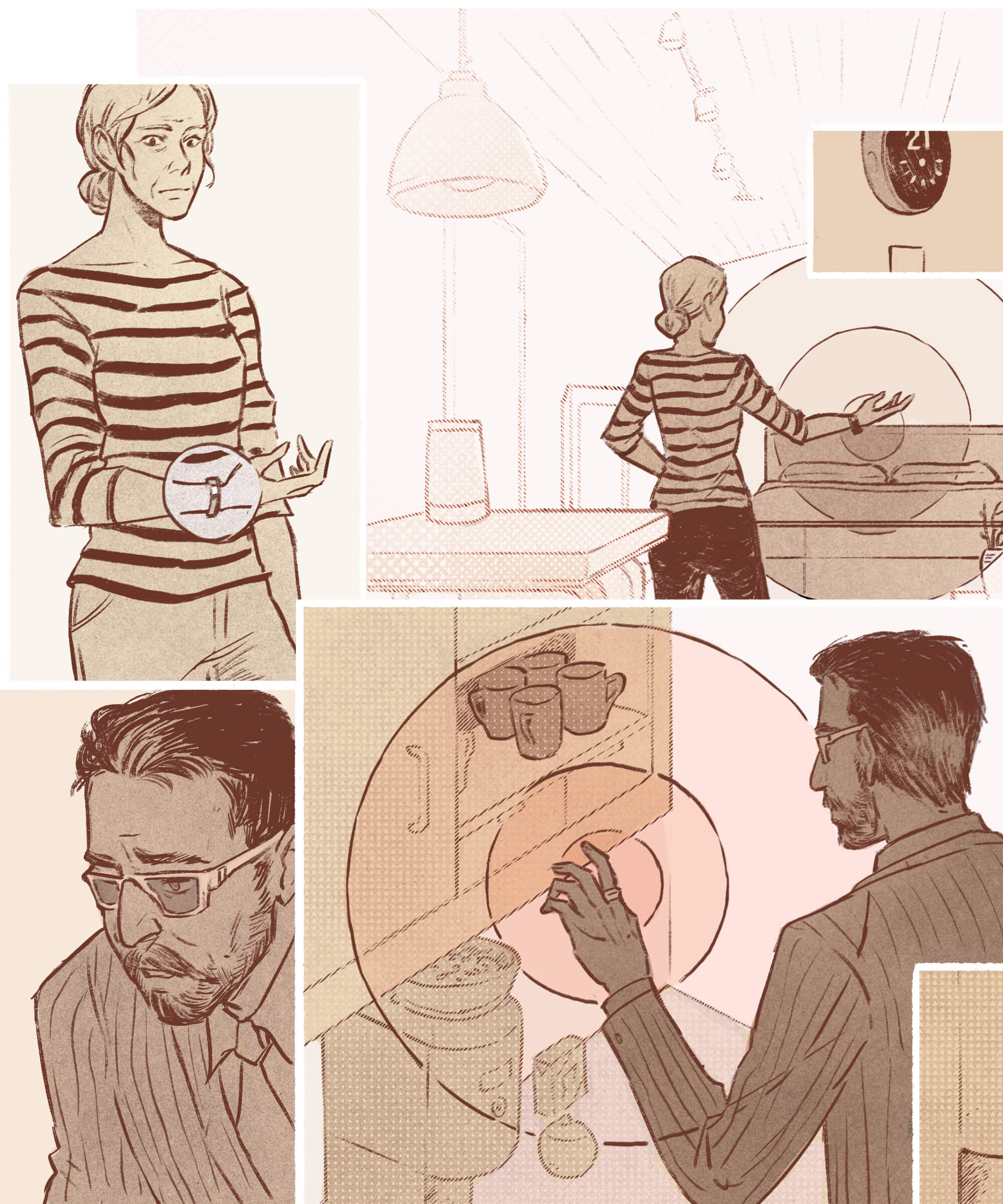 An illustrated collage of a house rental owner interacting with her space, and a blind man using smart technology to interact with the space.