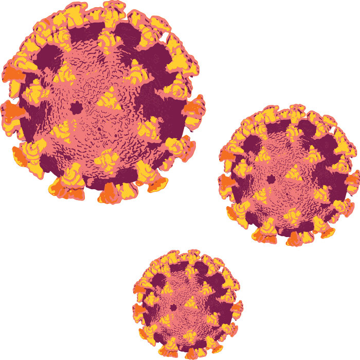 Three red, purple, and orange COVID 19 Corona Virus moles