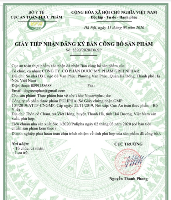 Giấy công bố No Carb Plus