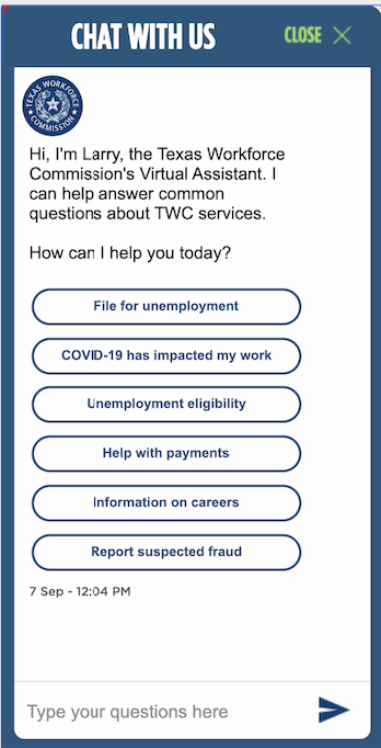 Texas Workforce Commission’s Virtual Assistant ‘Larry’ Source: Texas Workforce Commission