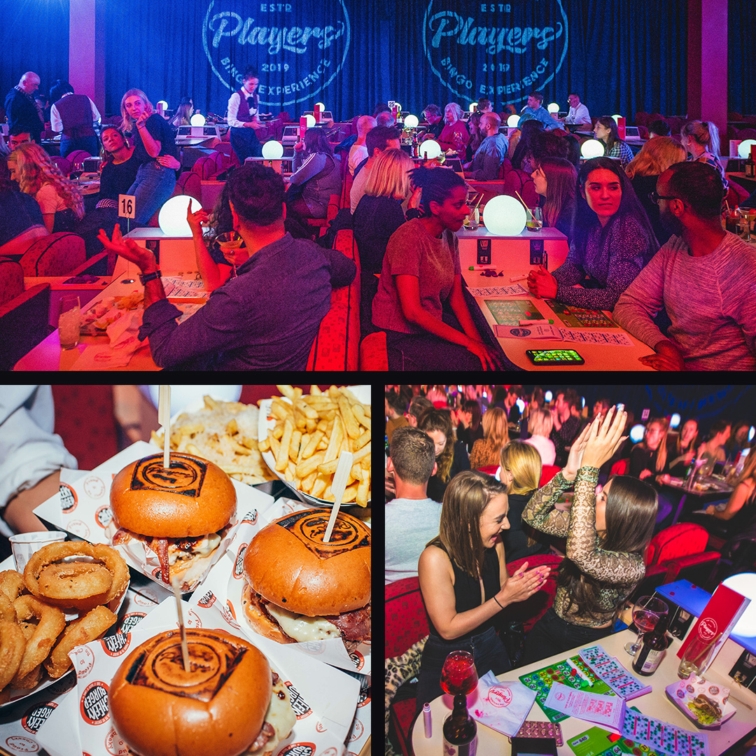 Crowd enjoying the Players Bingo experience. Burgers and fries served to guests.