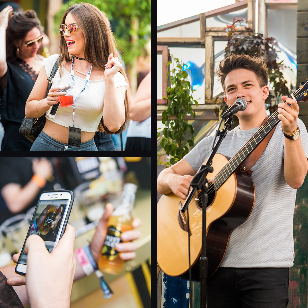 Solo guitar act at the urban forest. visitors drinking and dancing at the event.