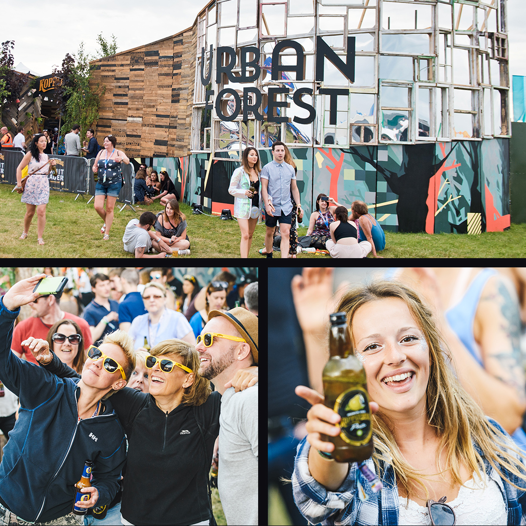The Kopparberg urban forest structure. Festival goers posing for pictures at the experience.