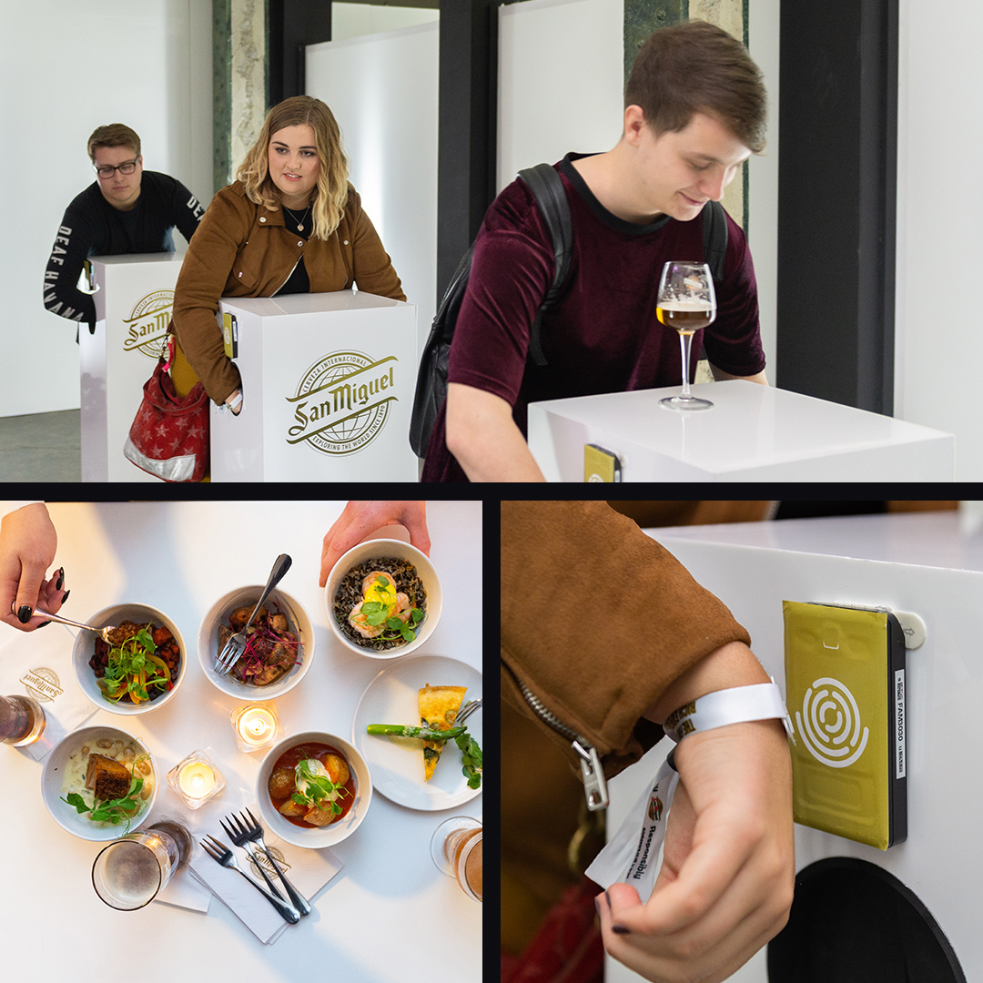 Participants using RFID wrist bands and eating food at the rich list.