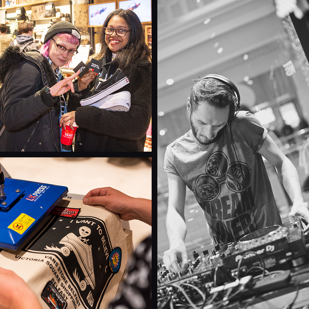 DJ and guests posing at a Vans store activation.