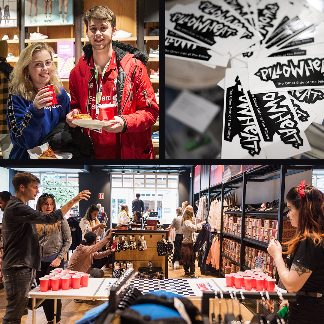 Vans Pillowheat stickers. Guests playing beer pong at store activation.
