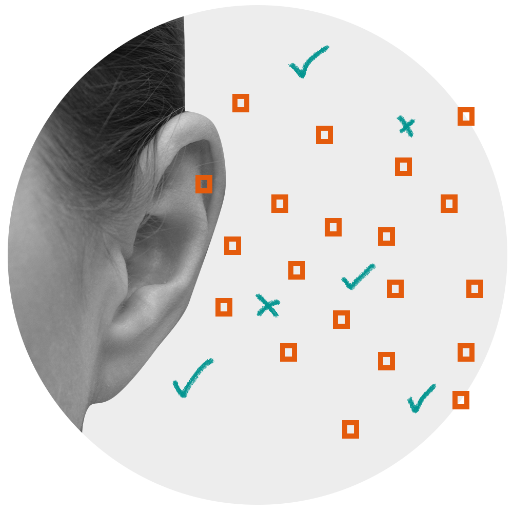 ear with squares, checks, and exes floating around