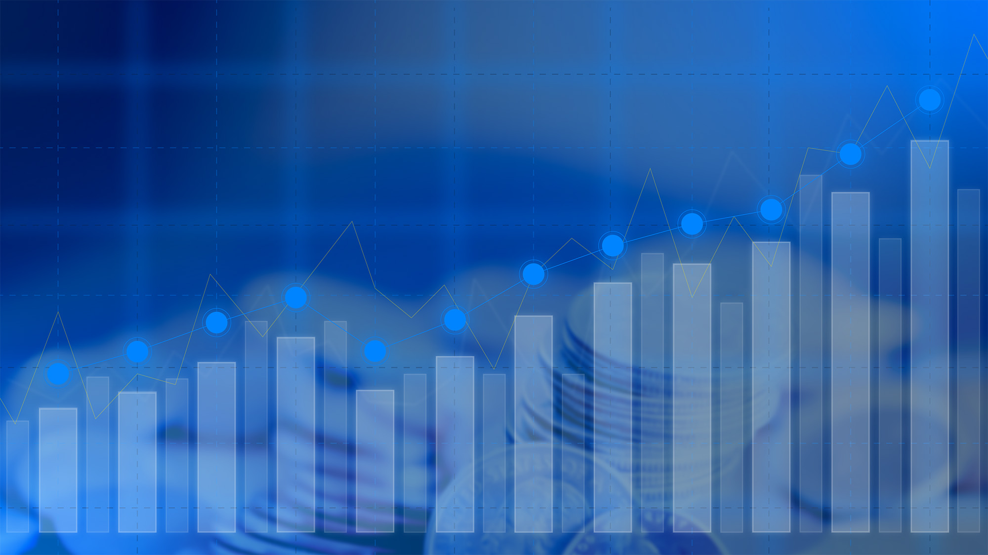 a blue graph that is increasing from left to right with stacks of coins in the background
