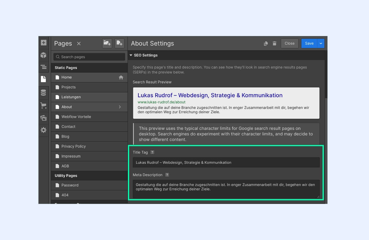 Webflow Meta Tilte und Meta Tags.