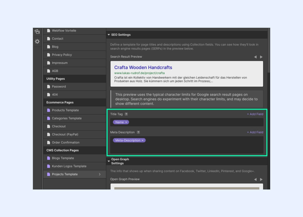 Webflow Meta Tag Einstellungen bei CMS Collections.