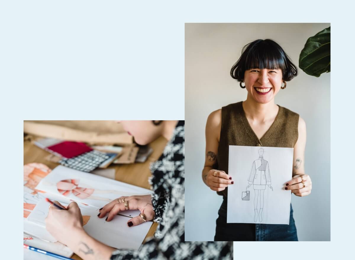 Eine junge Frau designed Entwürfe für Kleidung auf Papier mit Stiften.