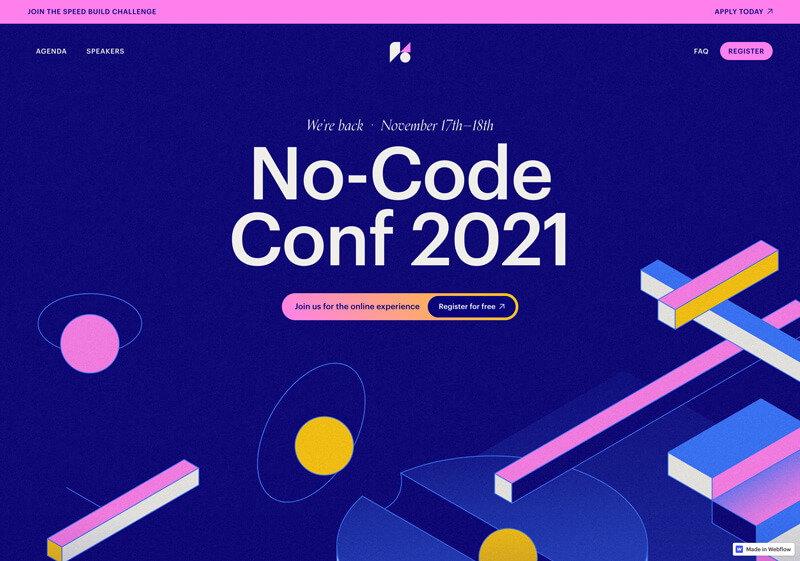 Webdesign Beispiel No-Code Conference 2021.