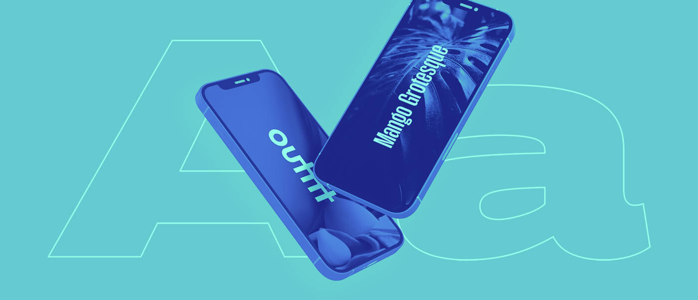 Zwei schwebende Smartphones zeigen Beispiele von Typography.