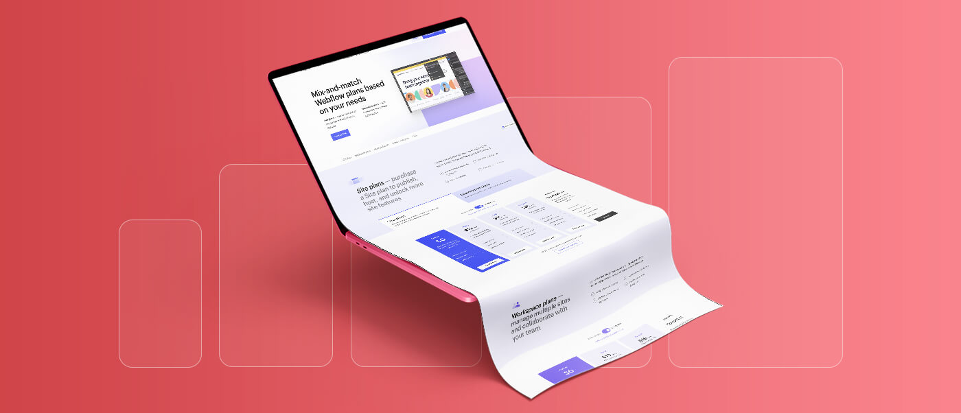 Ein Laptop auf rotem Hintergrund zeigt die Website Webflow.com.