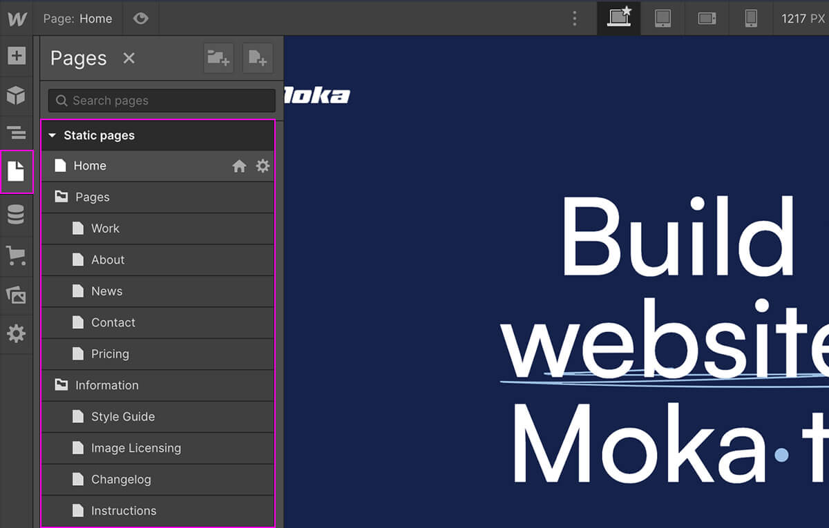 Detailansicht von Seiten eines Webflow Templates.