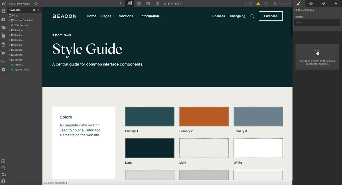 Ansicht eines Stylguides eines Webflow Templates.