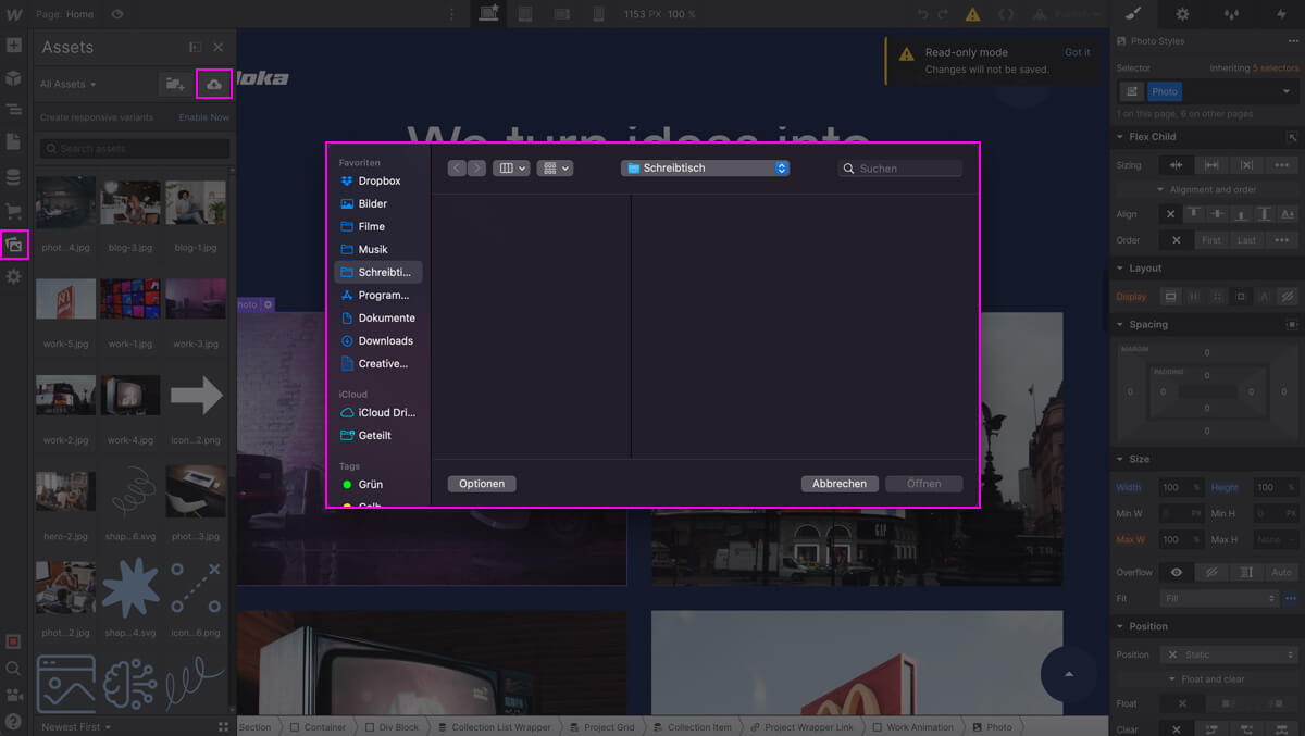 Detailansicht des Media-Uploads in Webflow.