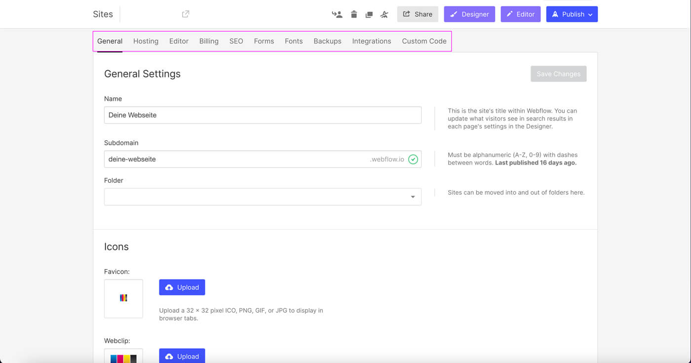 Detailansicht der Projekteinstellungen eines Webflow Templates.