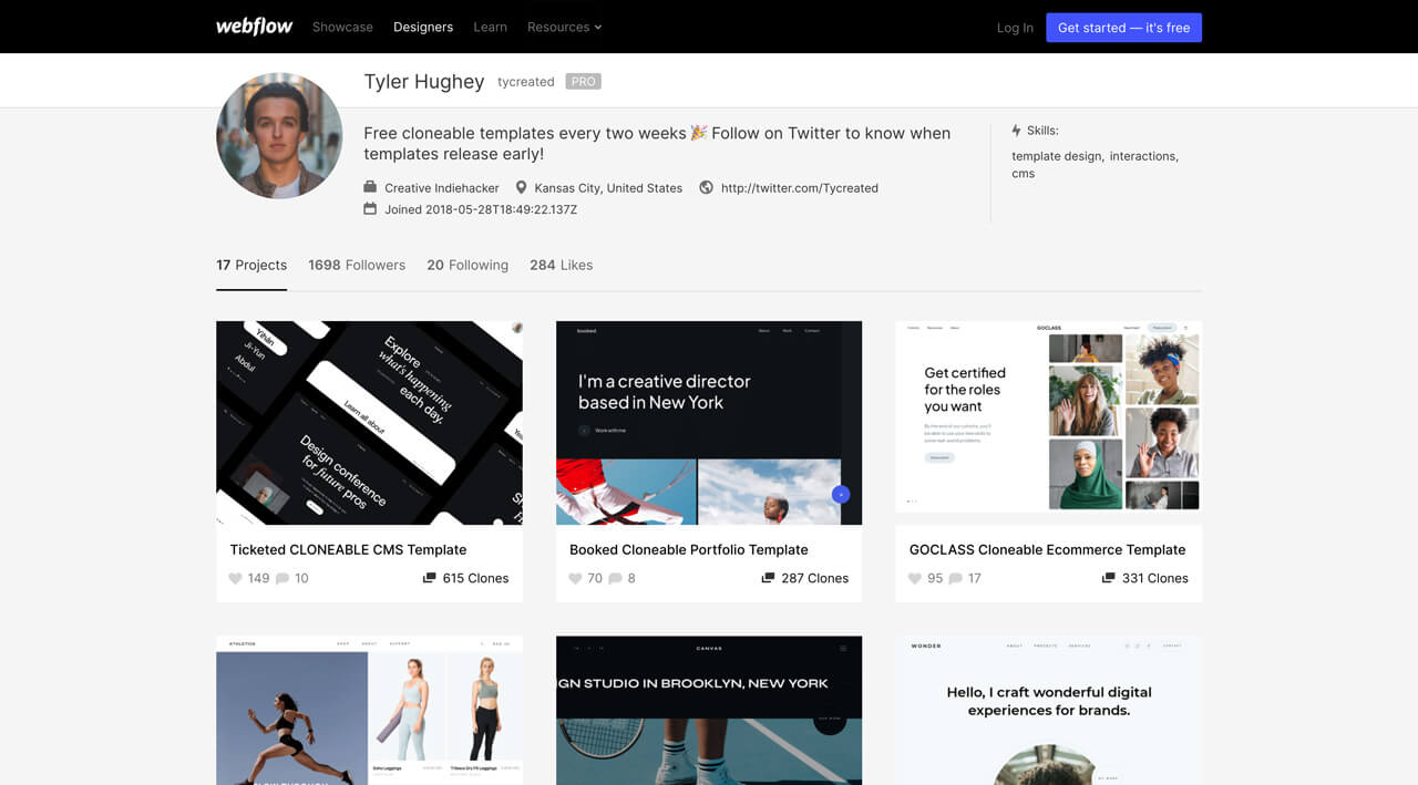 Webflow Profil von Tyler Hughey.