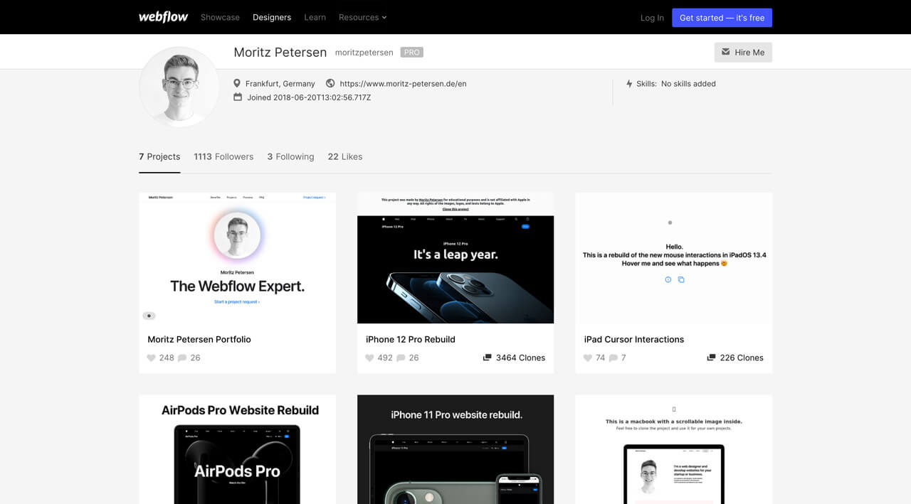 Webflow Profil von Moritz Petersen.