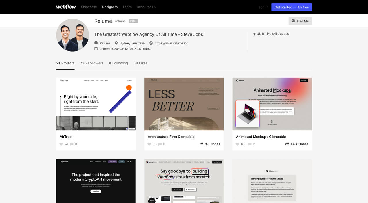Webflow Profil von Relume.