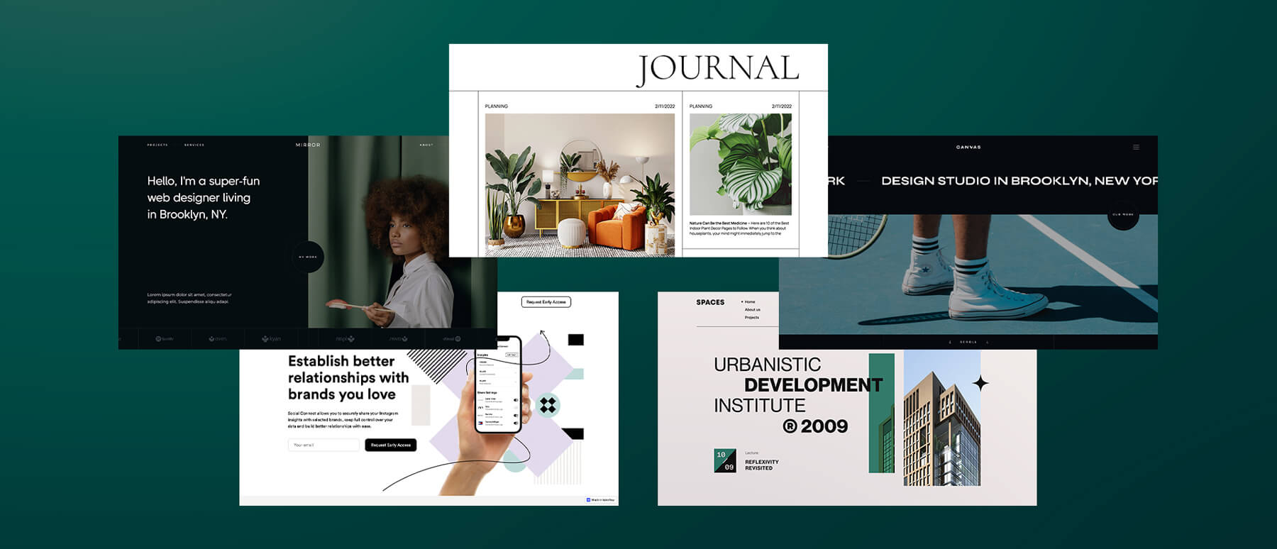 Fünf Screenshots zeigen Webseiten von Webflow-Designern.