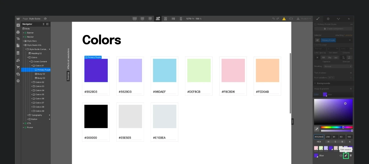 Farben im Styleguide bei einem Webflow Template.