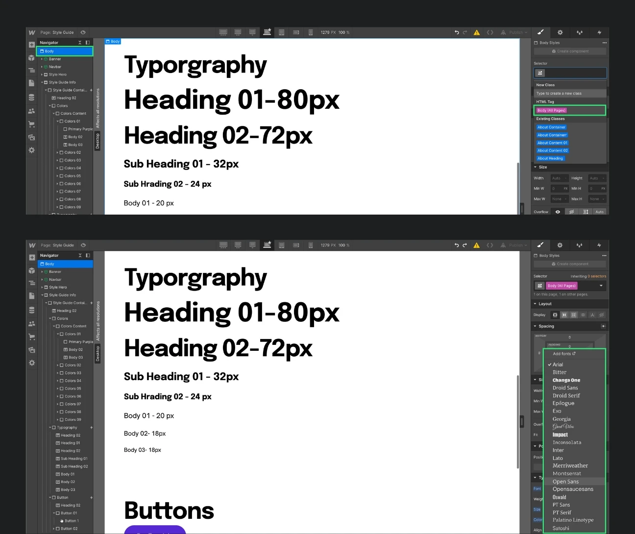Schriften im Styleguide bei einem Webflow Template.