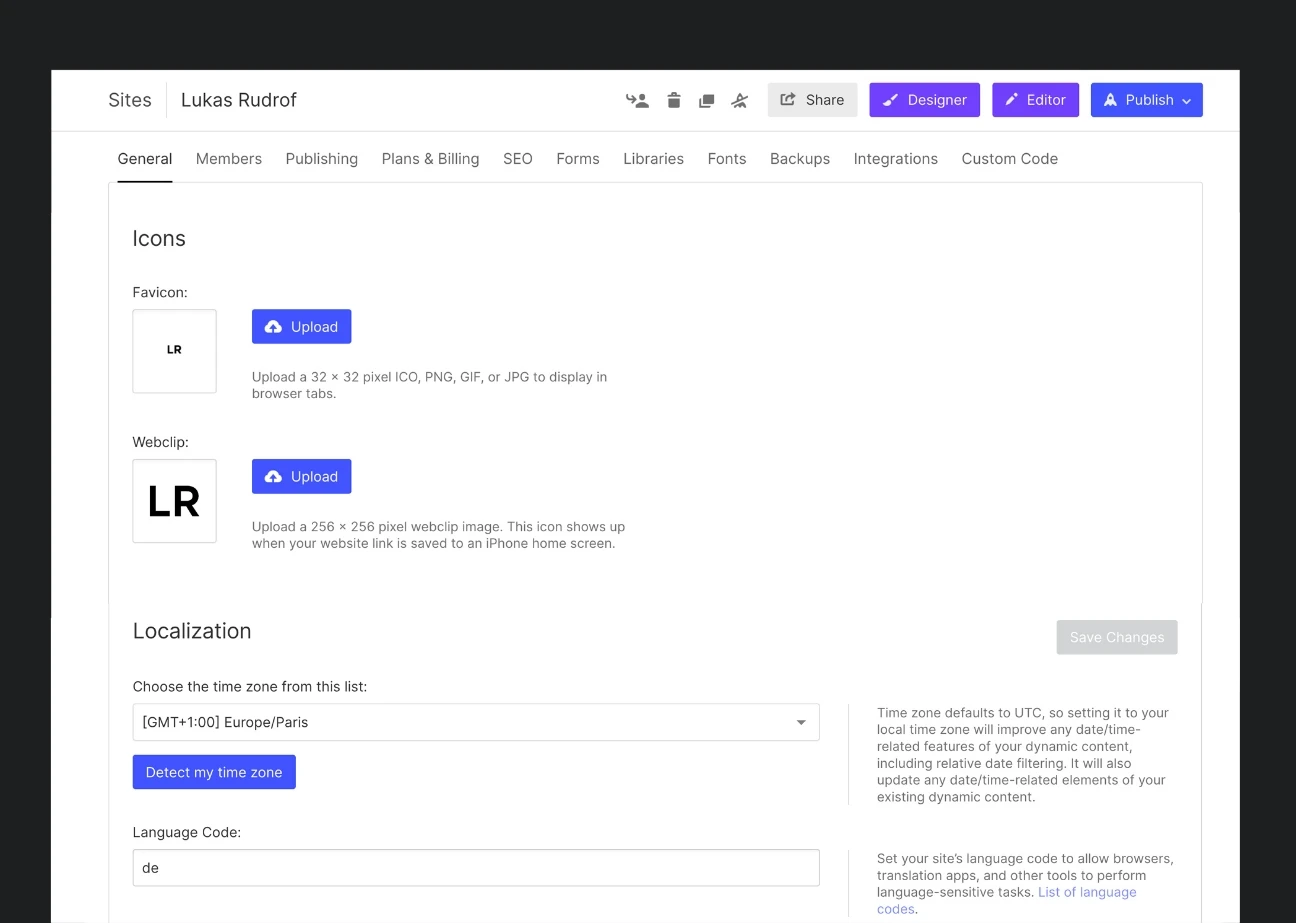 Einstellungen bei einem Webflow Template.