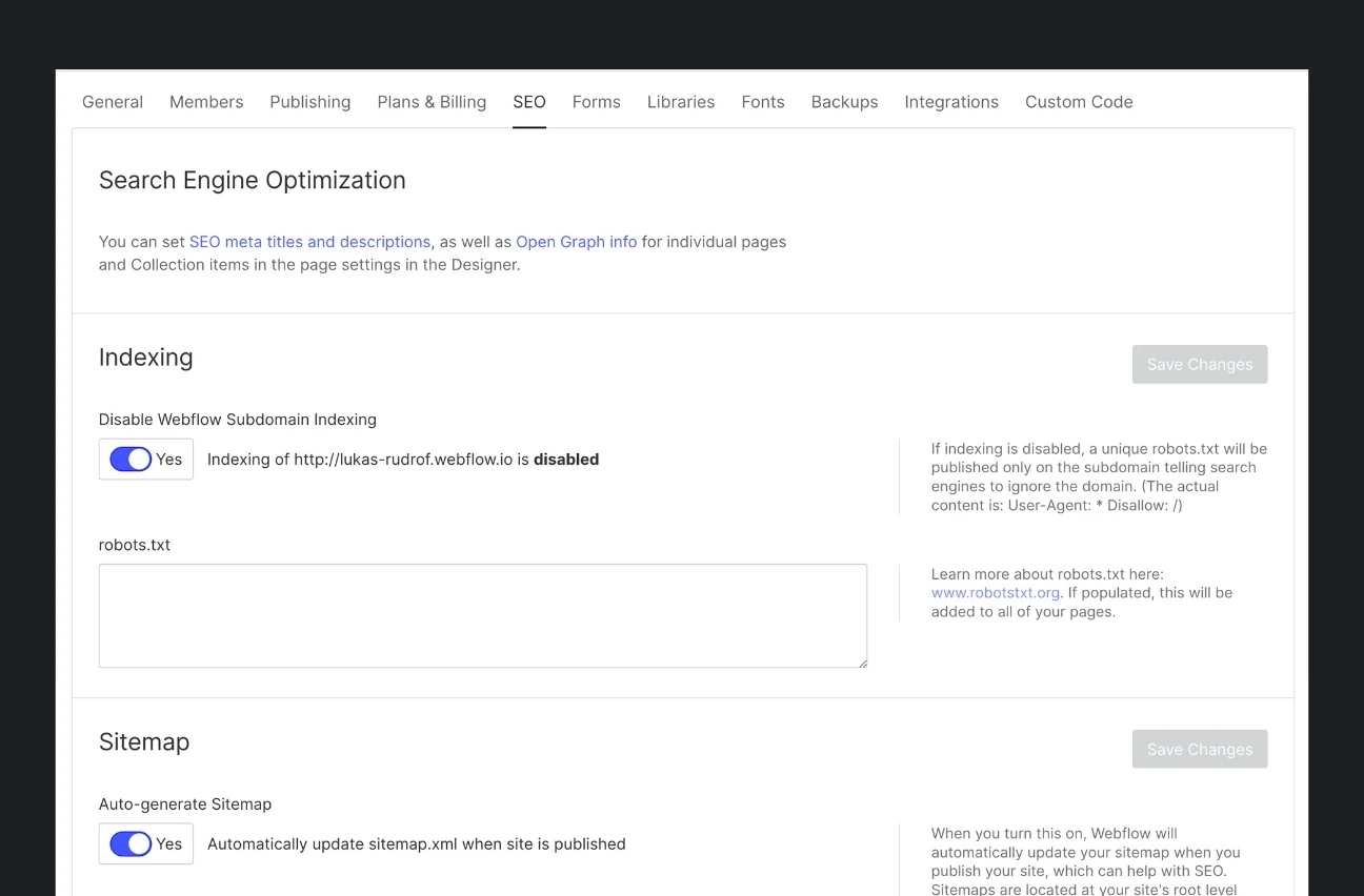 Einstellungen bei einem Webflow Template.