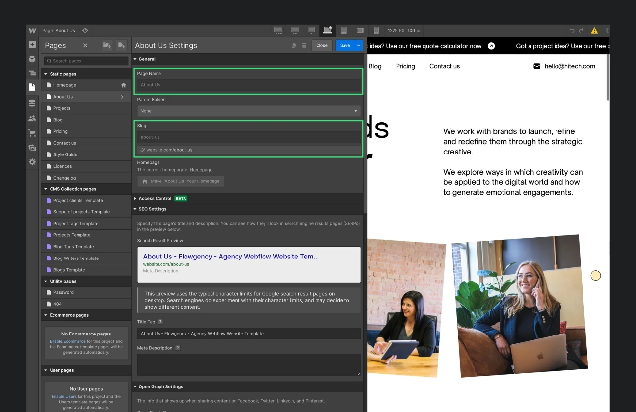 Seiteneinstellungen bei einem Webflow Template.