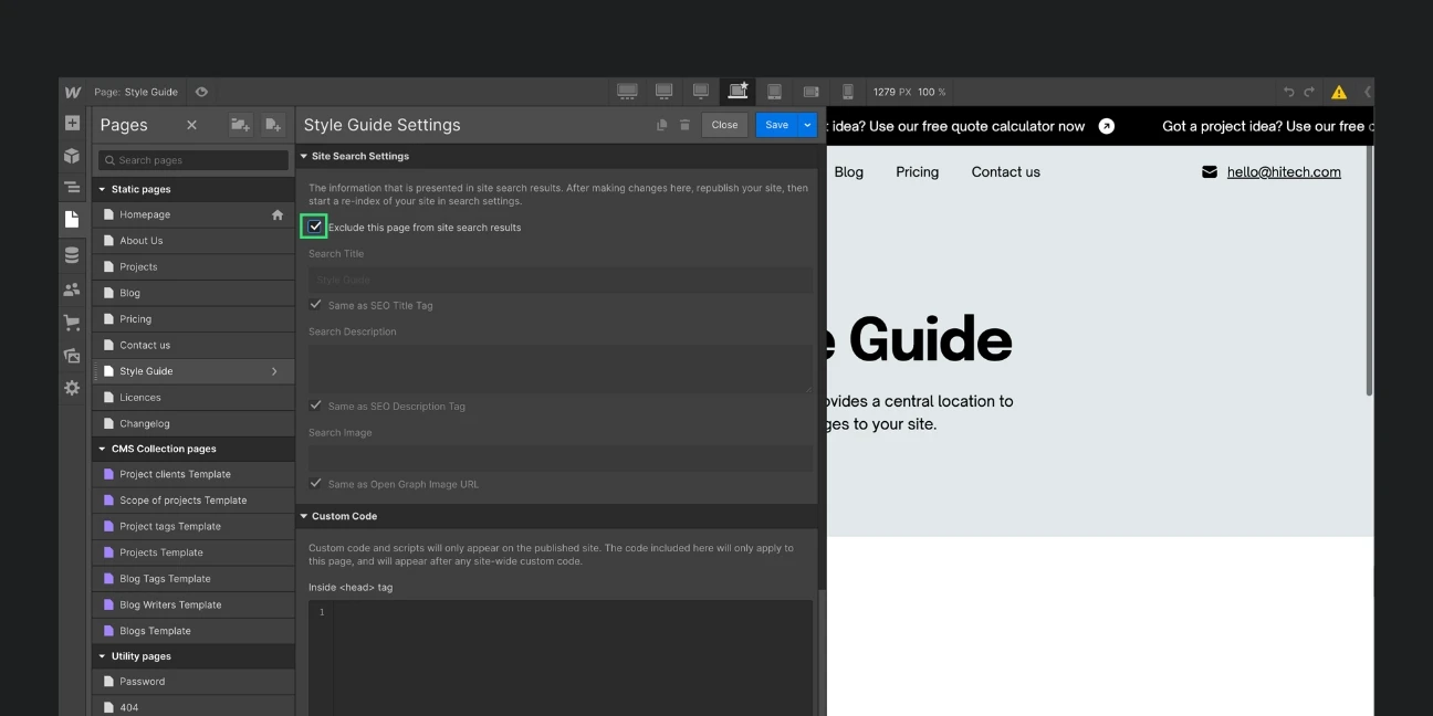 Seiteneinstellungen bei einem Webflow Template.