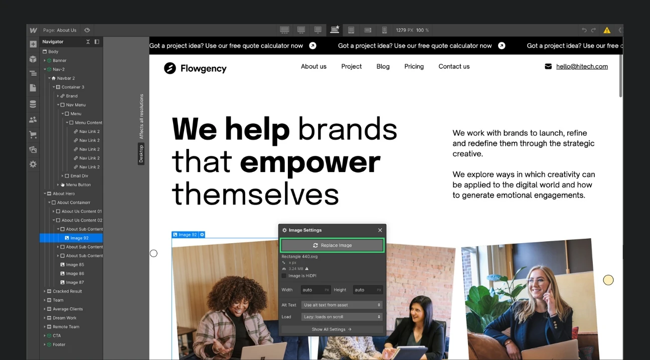 Bilder austauschen bei einem Webflow Template.