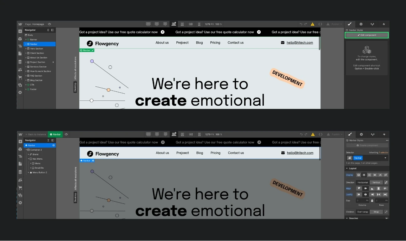 Komponenten bearbeiten bei einem Webflow Template.
