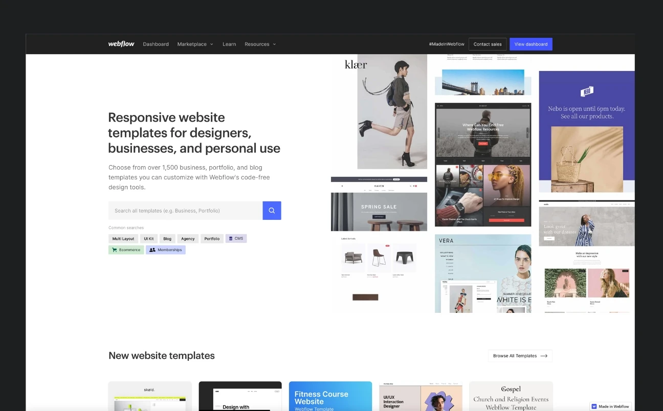 Übersicht über Webflow Templates.