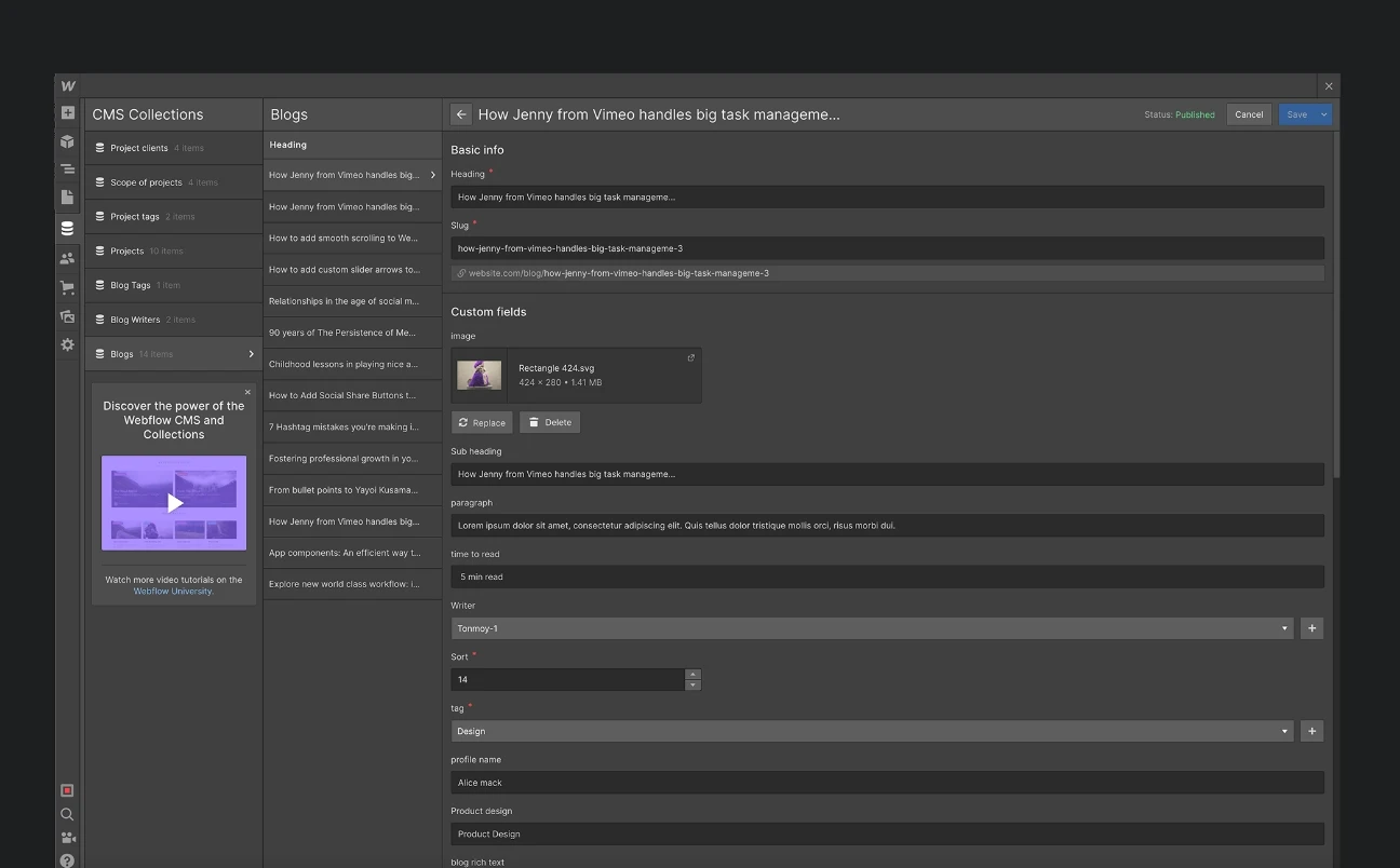CMS-Inhalte bearbeiten bei einem Webflow Template.