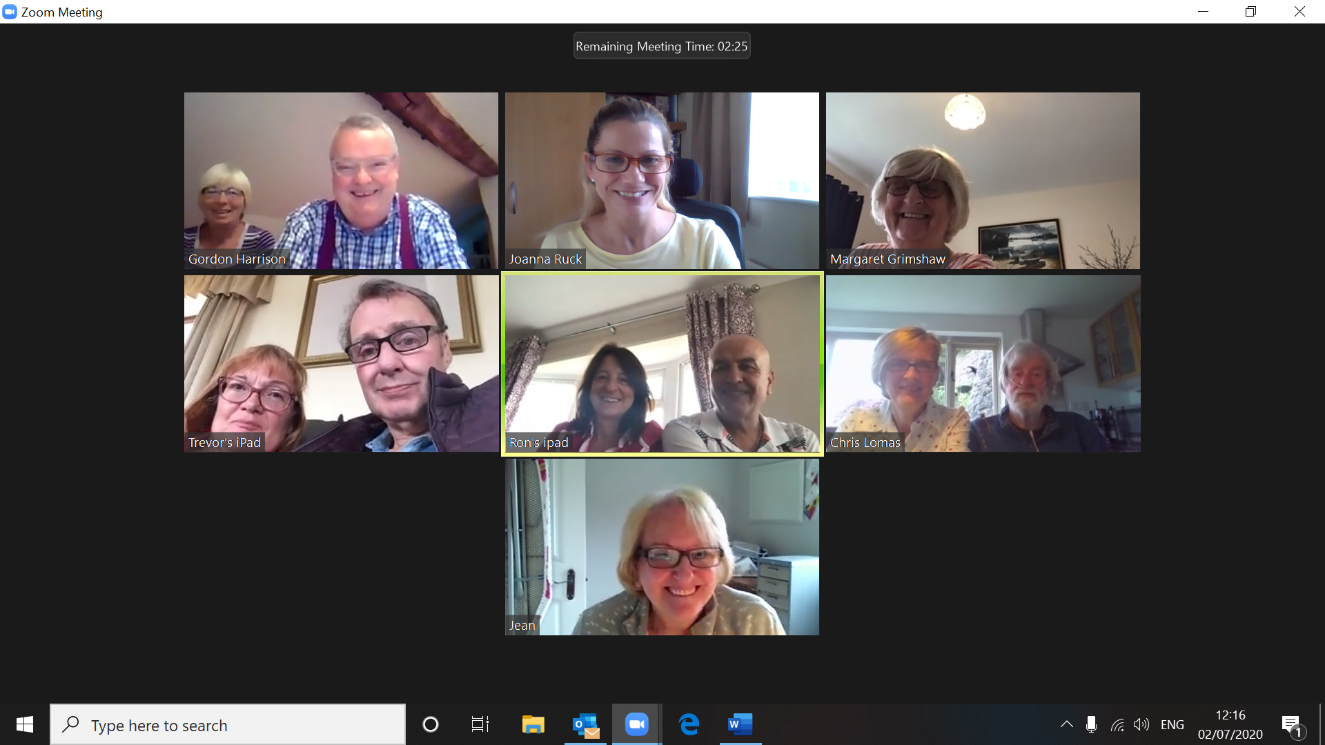 Screenshot of Sheffield Pulmonary Fibrosis Support Group Zoom Meeting Thursday 2nd July 2020