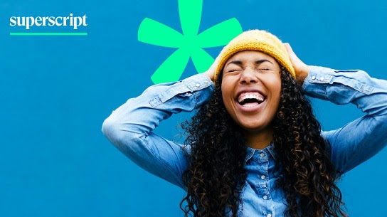 Woman laughting with Superscript Logo in top right corner