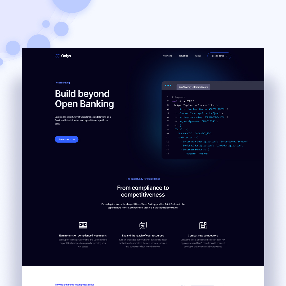 A desktop mockup of the Oolys Banking Sector page over a patterned bubble background.