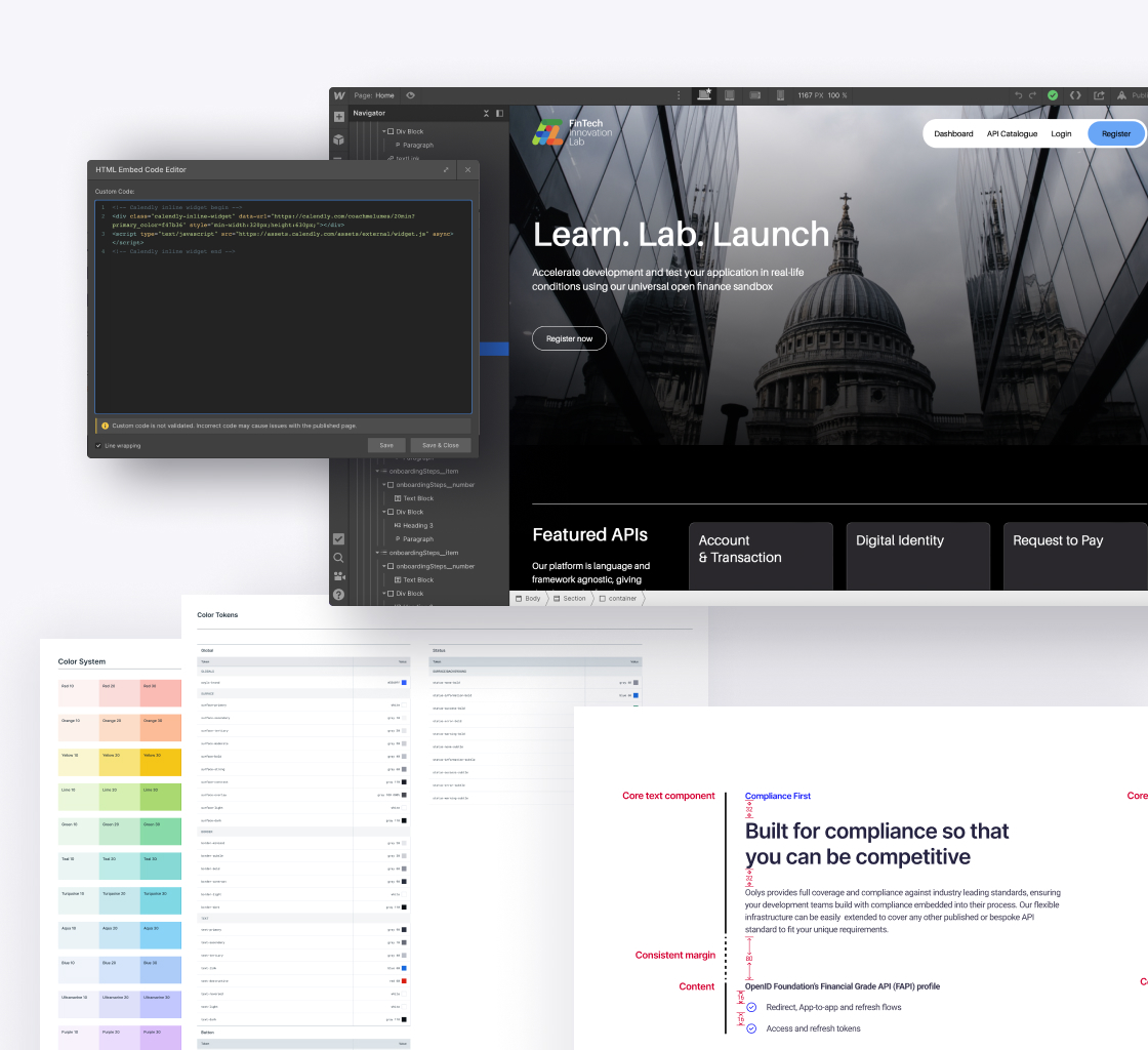 A montage of Websites in development as well as documented wireframes and design token specifications