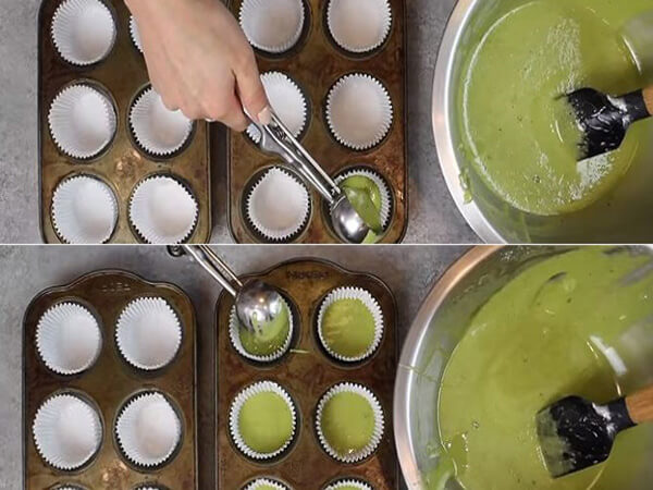 Đổ khuôn và nướng bánh muffin trà xanh