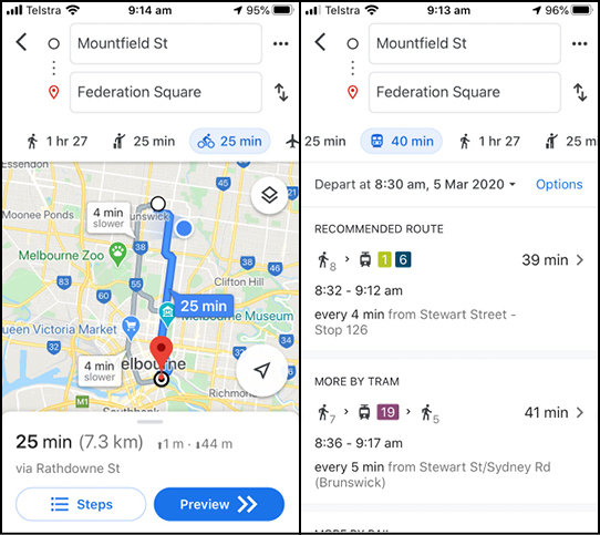 Google Maps Cycling Trip Comparison