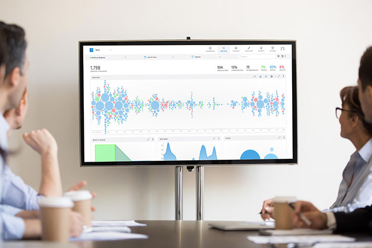 A group of people sitting at conference table look at a screen of Nuvi's monitor page. The main feature of the image is the Nuvi's bubble chart.